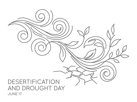 Desertification and drought day illustration with dry cracked earth and decorative floral elements.