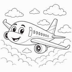 Naklejka premium Happy airplane among fluffy clouds