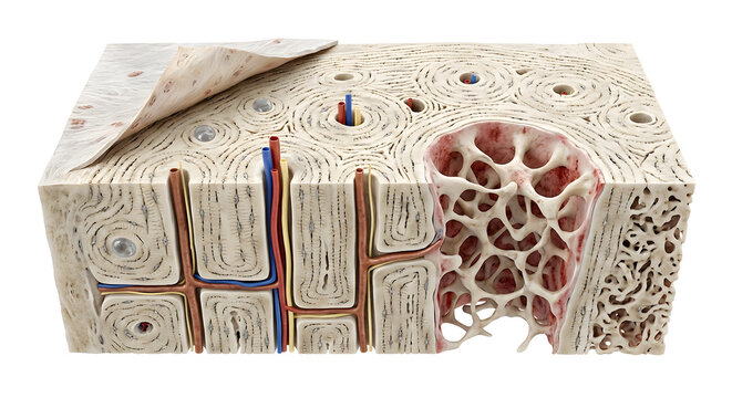 Detailed 3D Render of Cortical Bone Anatomy and Osteons, Suitable for Science Education, Isolated on a White Background.