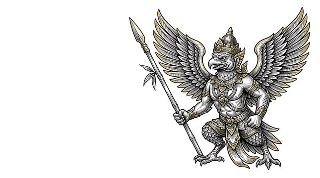 Majestic garuda deity warrior holding a spear in traditional style