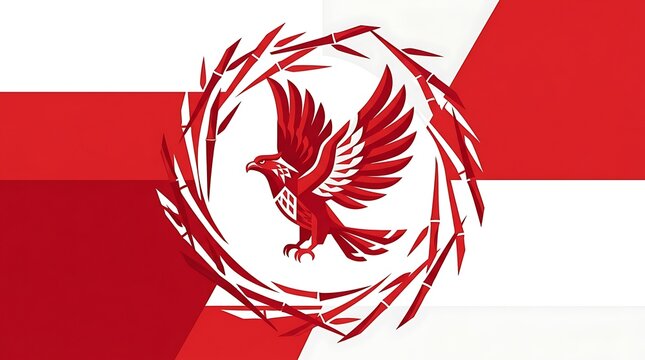 Red hawk emblem in a circular wreath on geometric background