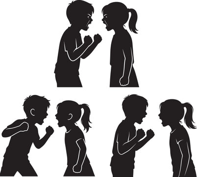 Silhouettes of angry boy and girl children shouting and fighting with children fighting shouting silhouette conflict argument aggressive bullying behavior screaming disagreement childhood