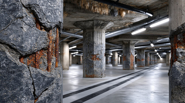 Underground car park concrete column grid perspective, spalling concrete exposing corroded rebar reinforcement, water stain stalactite formation on ceiling slab, expansion joint black sealant line, 