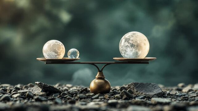 Vintage brass scale weighing three moon like planets, symbolizing balance, comparison, and astrology