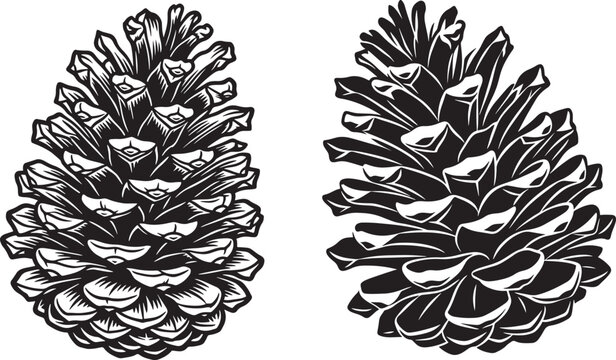 Two pine cones vector graphic illustration with pinecone botanical woodland evergreen seasonal illustration isolated stylized monochrome silhouette minimalist decorative background