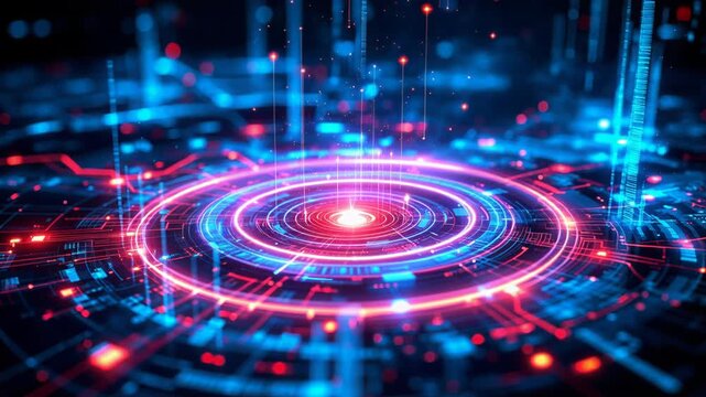 Abstract technology background with a central processing unit and glowing neon circular elements