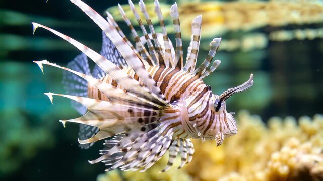 Closeup of a dangerous red lionfish with long venomous spines swimming in a marine aquarium