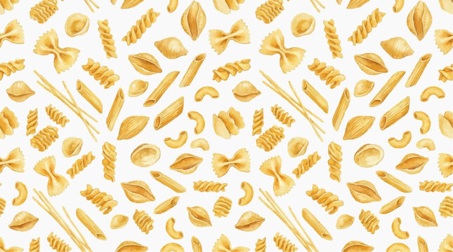 Wallpaper Pattern Set - seamless Italian pasta varieties pattern with farfalle, fusilli, penne and rigatoni on white background, food cartoon vector repeat texture