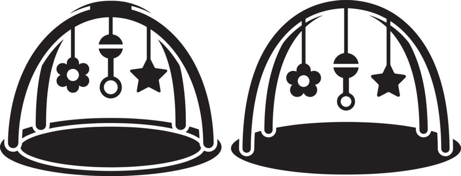 Black and white baby play gym icons with hanging toys development activity childhood equipment illustration learning parenting collection isolated minimalist babyhood developmental