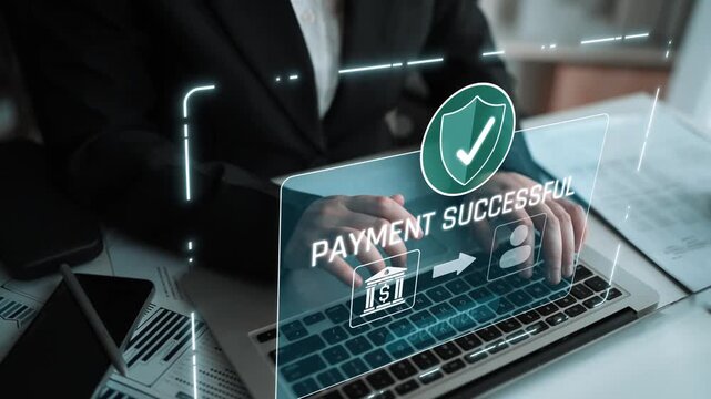 Successful transaction message showing secure payment. Payment confirmed, secured, payment processed, and payment completed with trust and transaction integrity. Marrow