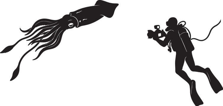 Photographer and giant squid underwater vector silhouette