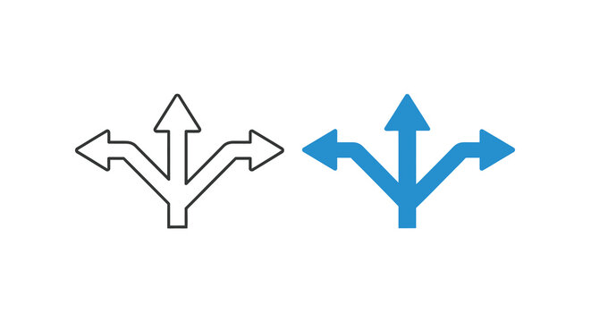 Three way arrow divergence flat icon and line art illustration on white background