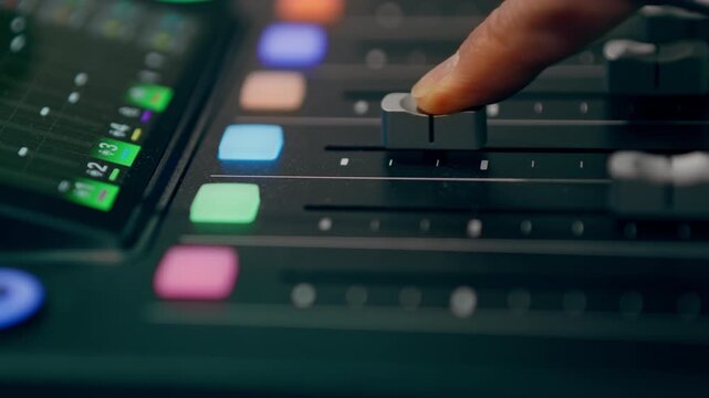 Professional audio mixing console close up finger adjusting volume level fader slider tracking shot. Modern digital hardware workstation panel designed for post production media studio broadcasting