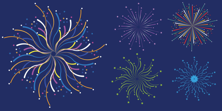 Colorful firework displays burst against a dark blue background radiating bright light