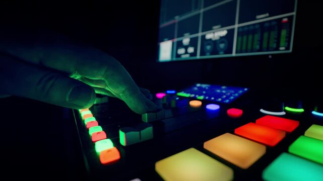mixing board illuminated buttons sound recording studio dark control panel desk. Dimly lit broadcast room setup focusing on digital console mixer with glowing colorful controls and computer monitor