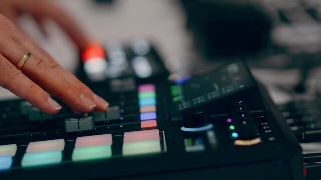 Audio mixing board sound engineer workspace radio broadcasting podcast recording studio equipment. Close up view of digital console hardware controls with illuminated buttons and faders 