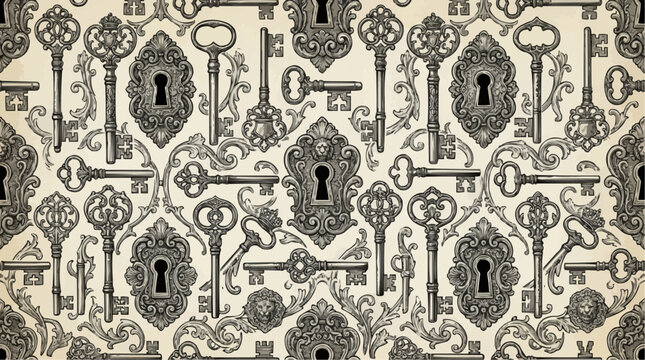 Wallpaper Pattern Set - seamless vintage ornate skeleton keys pattern on white background, retro antique decorative vector 