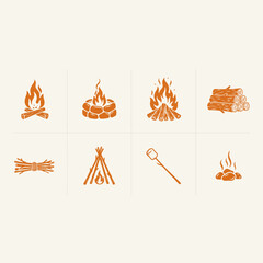 Campfire icons set with fire logs and cooking elements for outdoor activities © Pabitra