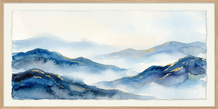 Framed watercolor blue mountain landscape art print with watercolor mountains landscape painting artistic illustration minimalist backdrop atmospheric creative adventure wilderness