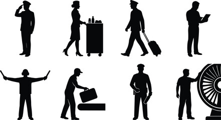 Airport and aviation crew silhouette set featuring pilot saluting flight attendant rolling cart marshaller baggage handler security guard and engineer isolated on white background © Abu
