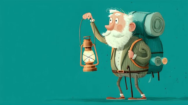 Elderly adventurer with backpack holds lantern aloft, wide-eyed, ready for journey