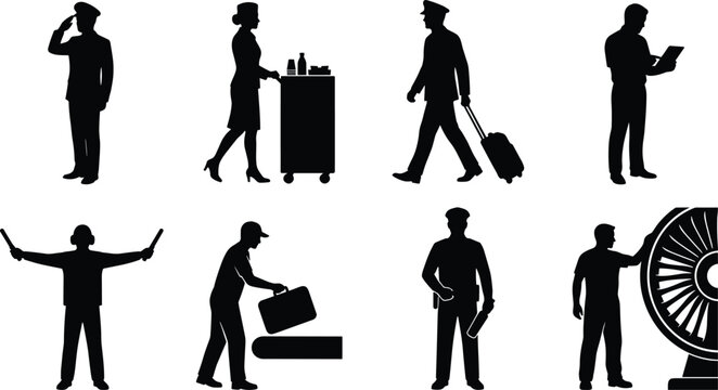 Airport and aviation crew silhouette set featuring pilot saluting flight attendant rolling cart marshaller baggage handler security guard and engineer isolated on white background