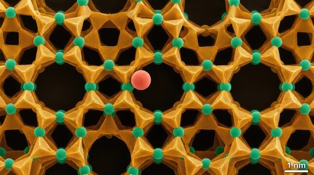Zeolite crystalline aluminosilicate lattice structure with 0.5 nm pores, showing micrographic view of catalyst framework channels containing penetrating reactant molecules.