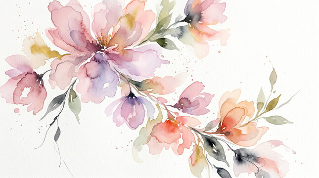 Elegant Watercolor Floral Branch Illustration with Soft Pink and Purple Flowers