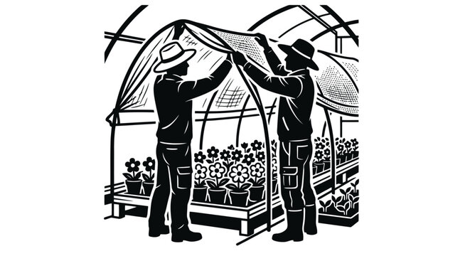 Two workers setting up a greenhouse roof.