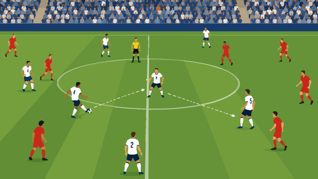 Soccer football match tactical formation vector illustration. Football players in red and white uniform playing on green field stadium with crowd background. Top view perspective.