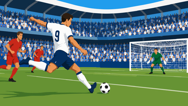 Vector illustration of a soccer player taking a powerful shot. A forward in a white jersey with number 9 kicks the ball towards the goal net, facing the goalkeeper during a stadium match.