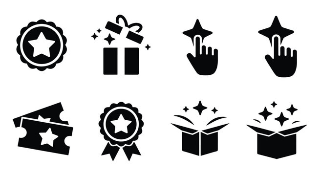 Loyalty program icons featuring black reward symbols, gift boxes, stars, and bonus points for marketing design.