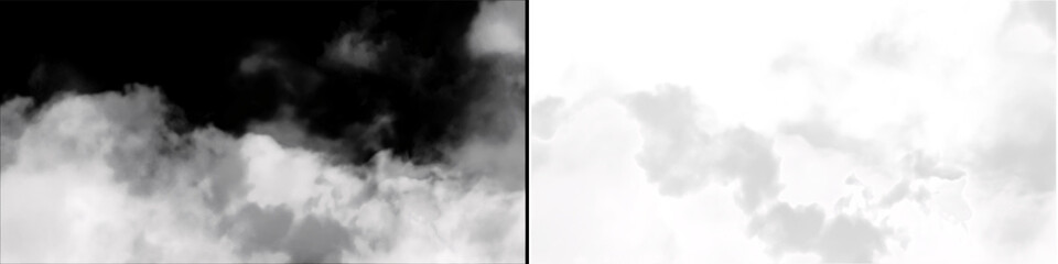 Fototapeta premium White wispy smoke or fluffy steam clouds isolated on black and transparent background for digital editing effects.
