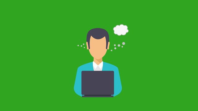 Man with laptop thinking about money and idea lightbulb in thought bubbles dynamic motion on white and green background. Thought bubbles appear dynamically.