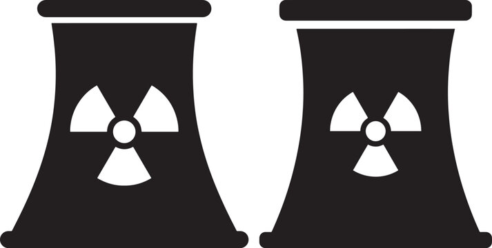 Nuclear cooling towers with radioactive symbol icon.
