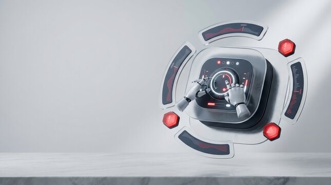 Robot Hand Pressing Futuristic Control Panel with Red Warning Light on White Background 3d render