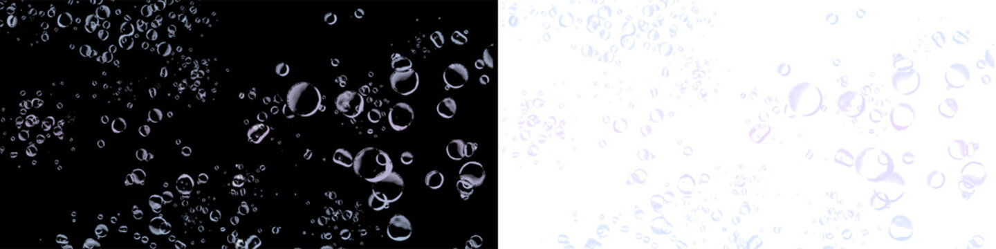 Bubbles rising underwater on black background for liquid effect with realistic transparent soap bubble design.