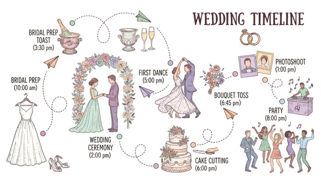 Wedding timeline infographic with illustrations and events schedule