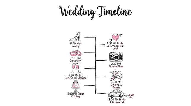 Wedding timeline with icons and times for ceremony, photo shoot, and party