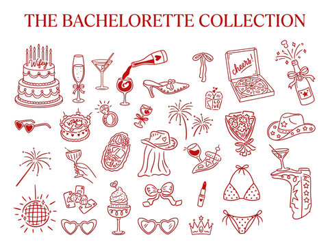 Handdrawn whimsical bachelorette party elements on white background
