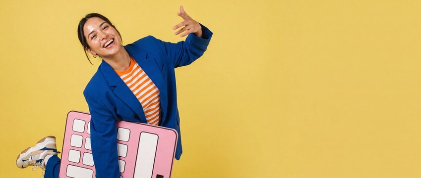 Happy Asian woman holding keyboard prop in studio wearing blue blazer, smiling and posing playfully with positive energy against bright yellow backdrop banner with copy space for web design.