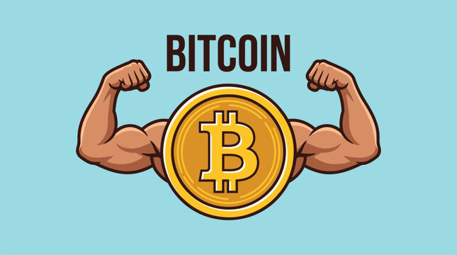 Strong bitcoin concept with muscular arms flexing around gold cryptocurrency coin vector illustration for financial strength.