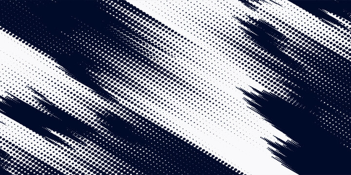White brush strokes on a navy blue background illustration with a halftone effect Abstract grunge design element for a banner