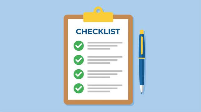 Clipboard with a checklist, green check marks, and a pen, concept of tasks completed or approval.