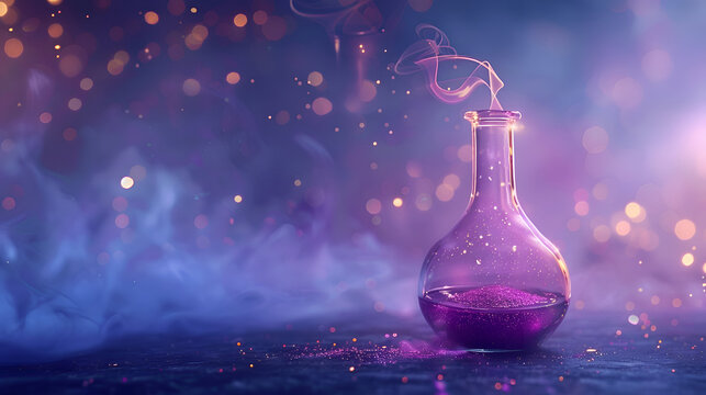 Mystical purple potion bottle with sparkling smoke and bokeh background