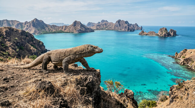 Komodo Dragon Overlooking Tropical Lagoon in Indonesia