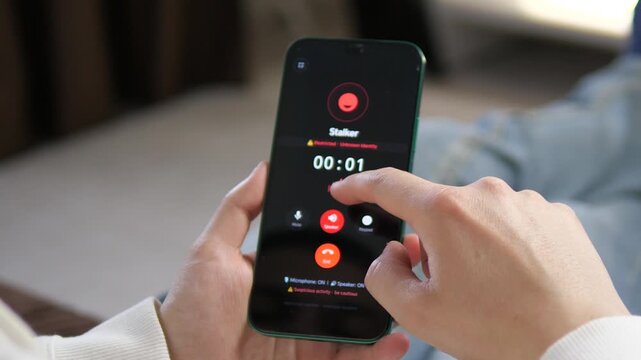 Hands answering a suspicious Stalker call on a smartphone. Screen displays a warning and unknown caller ID. Perfect for illustrating personal safety, harassment, cyberstalking, and privacy protection