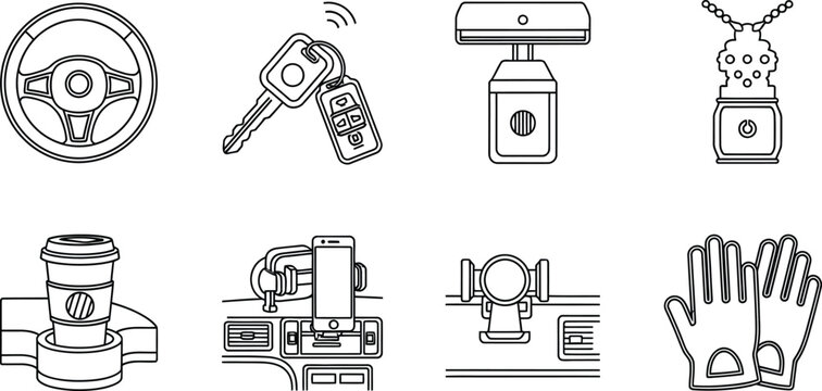 Line of car and garage including steering wheel, keys, garage door opener, necklace, coffee cup, car interior, gearshift, and work gloves