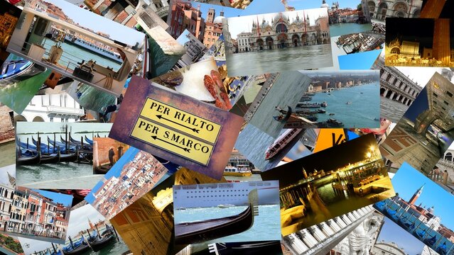 Collage of Venice Italy travel destinations with gondolas canals landmarks and historic signs