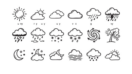 Fototapeta premium Doodle Style Weather Icons Collection with Sun, Clouds, Rain, and Moon Phases